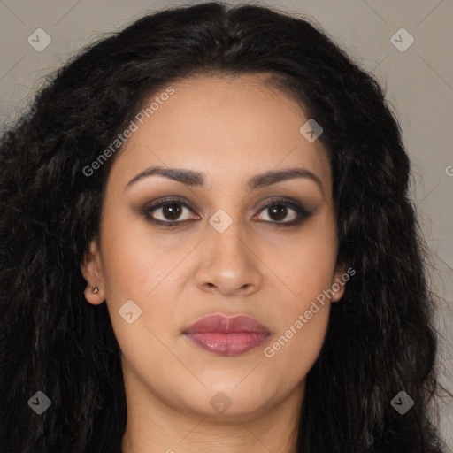 Joyful latino young-adult female with long  brown hair and brown eyes