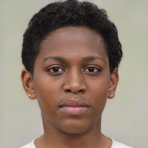 Neutral black young-adult female with short  brown hair and brown eyes