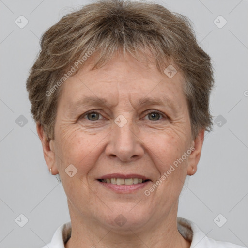 Joyful white middle-aged male with short  brown hair and brown eyes