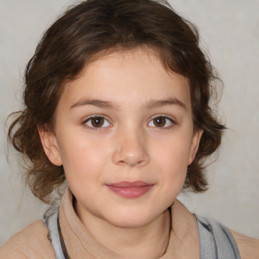 Joyful white child female with medium  brown hair and brown eyes