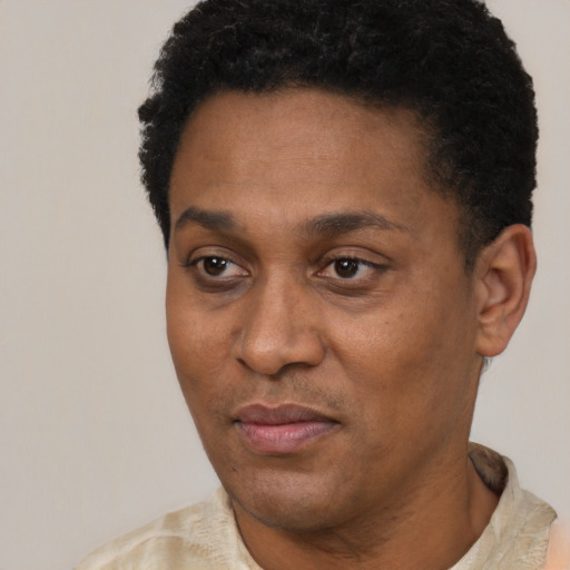 Joyful latino adult male with short  black hair and brown eyes