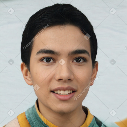 Joyful white young-adult male with short  black hair and brown eyes