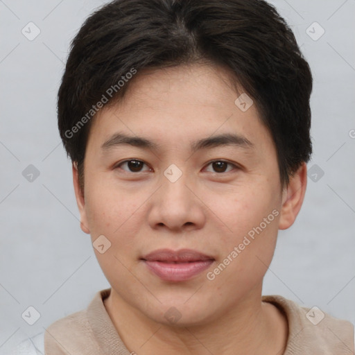 Joyful white young-adult female with short  brown hair and brown eyes