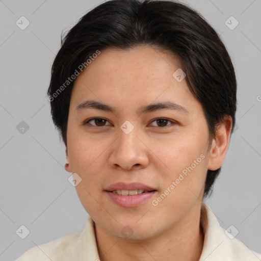 Joyful asian young-adult female with medium  brown hair and brown eyes