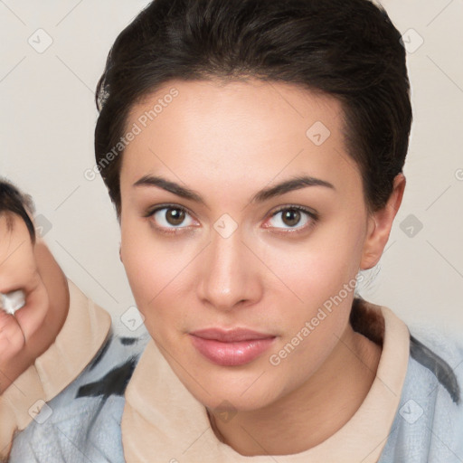 Neutral white young-adult female with medium  brown hair and brown eyes