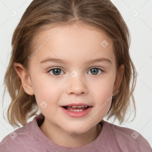 Joyful white child female with medium  brown hair and grey eyes