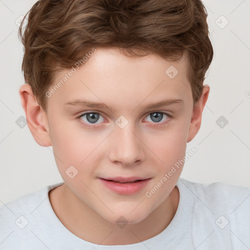 Joyful white child male with short  brown hair and grey eyes