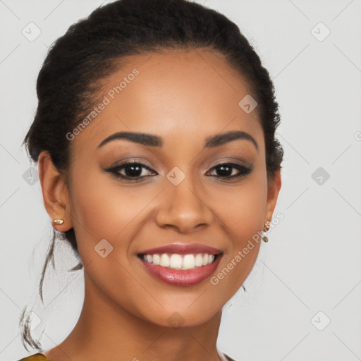 Joyful latino young-adult female with long  brown hair and brown eyes