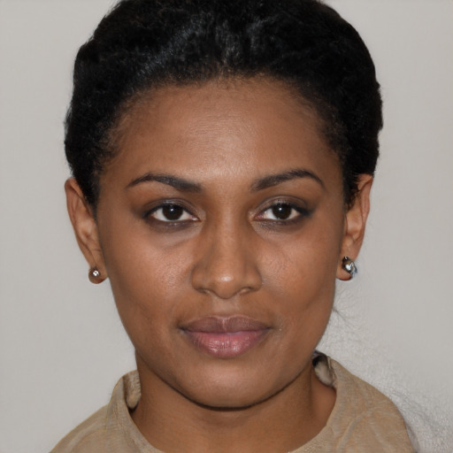 Neutral black young-adult female with short  brown hair and brown eyes