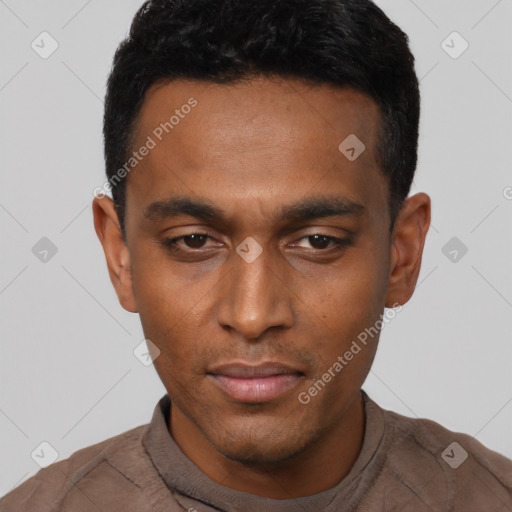 Neutral black young-adult male with short  black hair and brown eyes