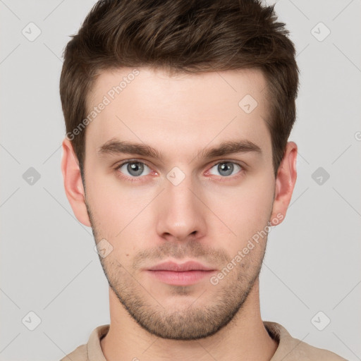 Neutral white young-adult male with short  brown hair and grey eyes