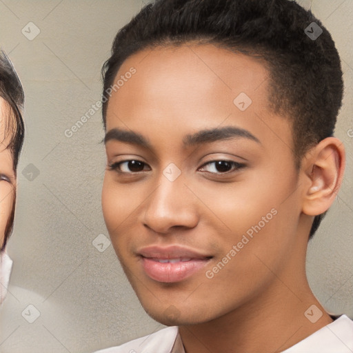 Joyful white young-adult female with short  brown hair and brown eyes