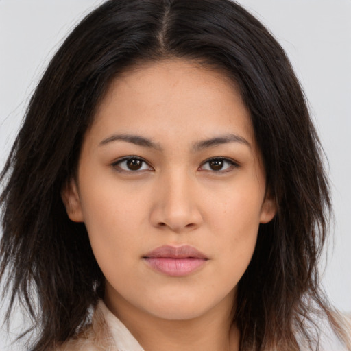 Neutral asian young-adult female with long  brown hair and brown eyes
