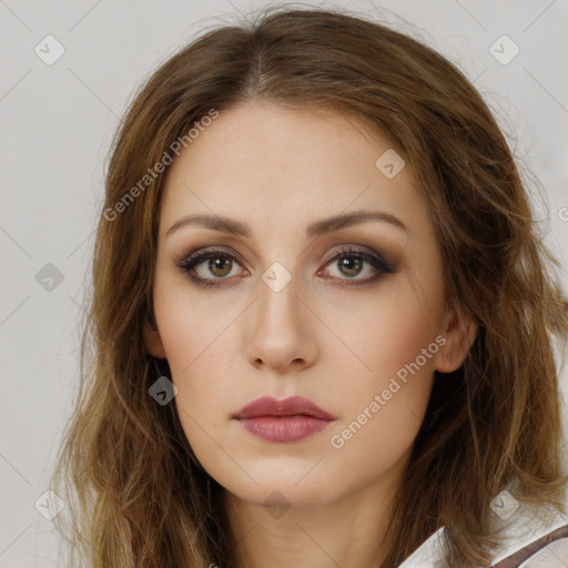 Neutral white young-adult female with long  brown hair and brown eyes