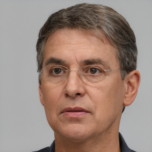 Neutral white middle-aged male with short  brown hair and brown eyes