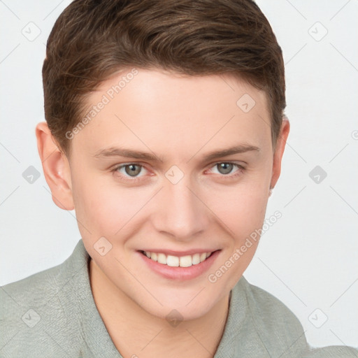 Joyful white young-adult female with short  brown hair and grey eyes