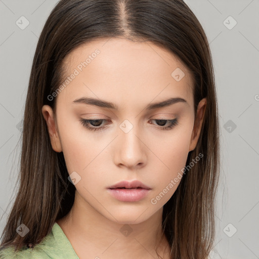 Neutral white young-adult female with long  brown hair and brown eyes