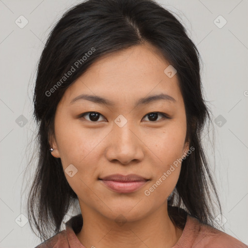 Joyful asian young-adult female with medium  brown hair and brown eyes