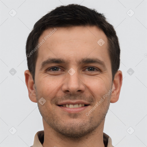 Joyful white young-adult male with short  brown hair and brown eyes