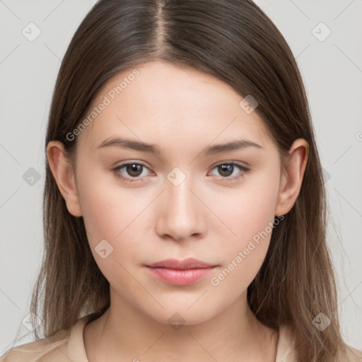 Neutral white young-adult female with long  brown hair and brown eyes