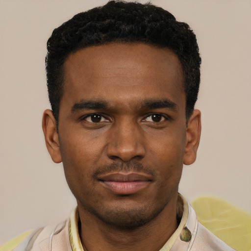 Neutral black young-adult male with short  brown hair and brown eyes