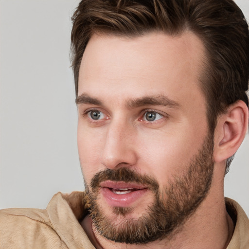 Joyful white young-adult male with short  brown hair and grey eyes