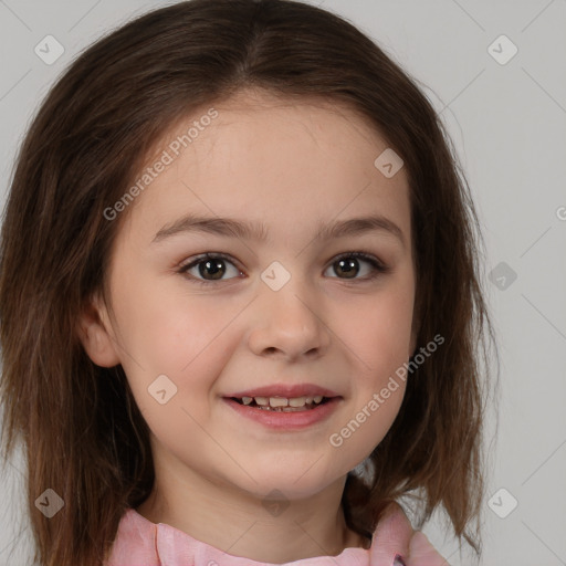 Joyful white child female with medium  brown hair and brown eyes