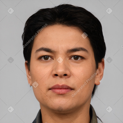 Neutral asian young-adult male with short  black hair and brown eyes