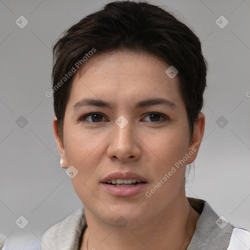 Joyful white young-adult female with short  brown hair and brown eyes