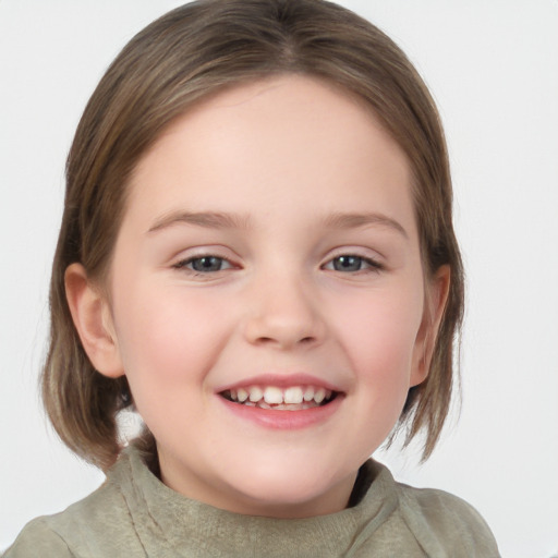 Joyful white child female with medium  brown hair and grey eyes