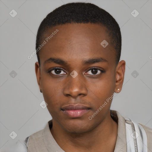 Neutral black young-adult male with short  black hair and brown eyes