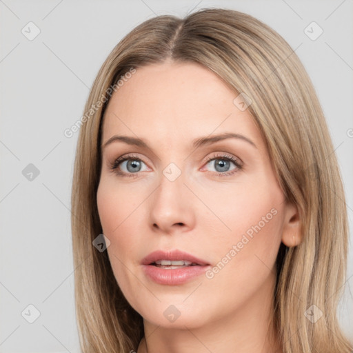 Neutral white young-adult female with long  brown hair and grey eyes