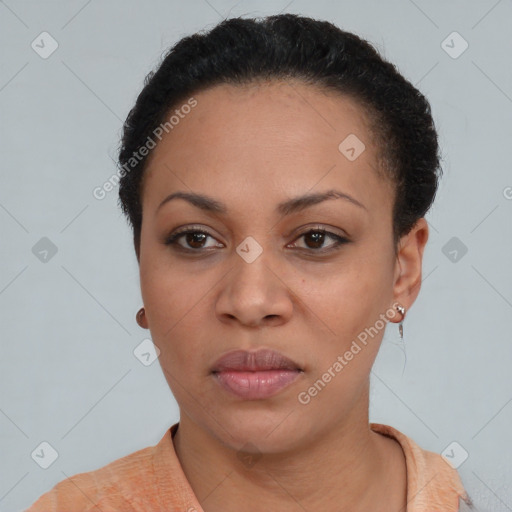 Neutral black young-adult female with short  black hair and brown eyes