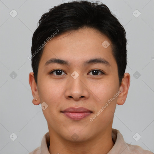 Joyful asian young-adult male with short  brown hair and brown eyes