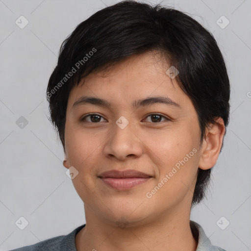 Joyful asian young-adult female with short  brown hair and brown eyes