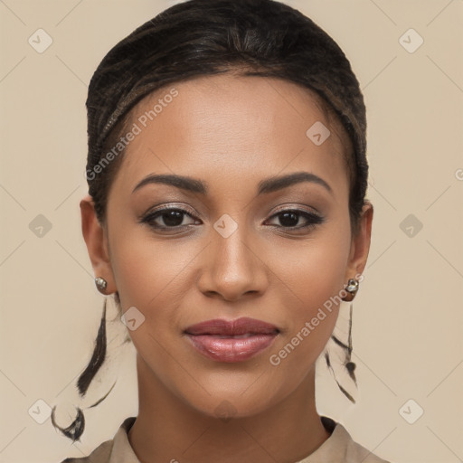 Joyful latino young-adult female with short  brown hair and brown eyes