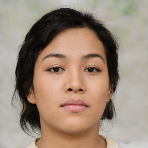 Neutral asian young-adult female with medium  brown hair and brown eyes