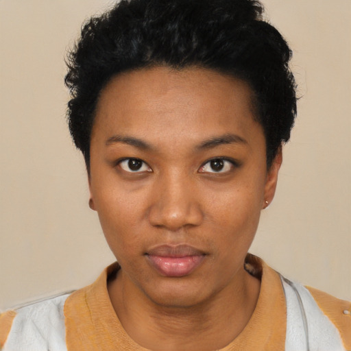 Neutral black young-adult female with short  black hair and brown eyes
