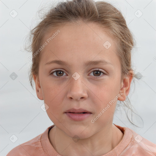 Neutral white child female with medium  brown hair and grey eyes