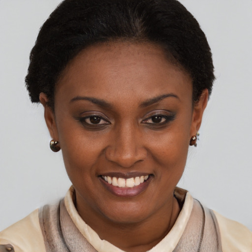 Joyful black young-adult female with short  brown hair and brown eyes