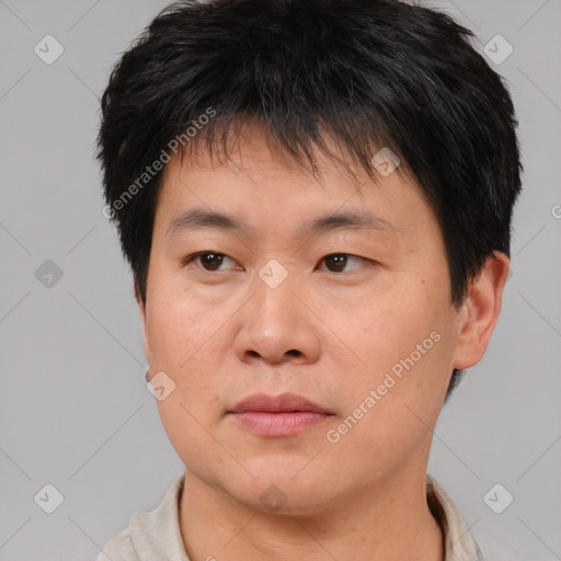 Neutral asian young-adult male with short  brown hair and brown eyes