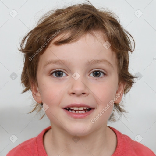 Joyful white child female with medium  brown hair and blue eyes