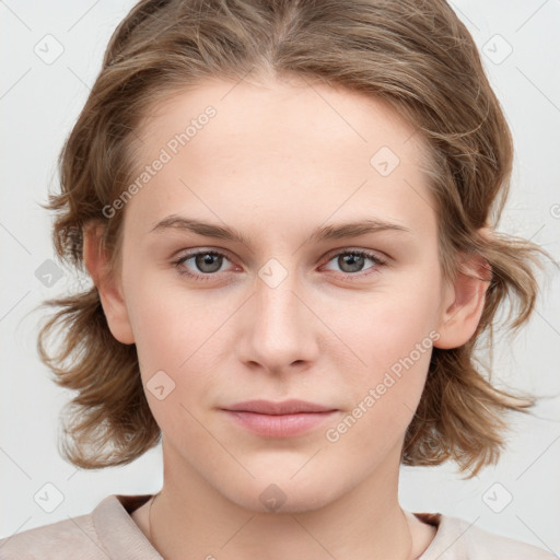 Neutral white young-adult female with medium  brown hair and blue eyes