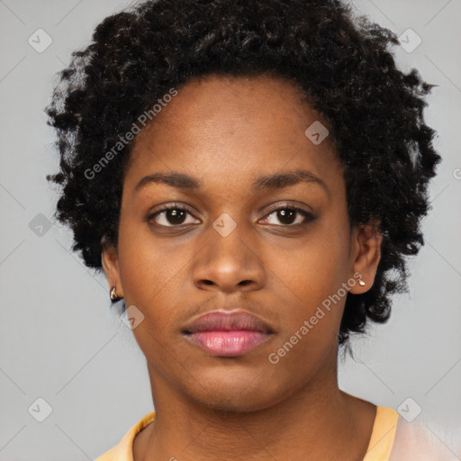 Neutral black young-adult female with short  black hair and brown eyes