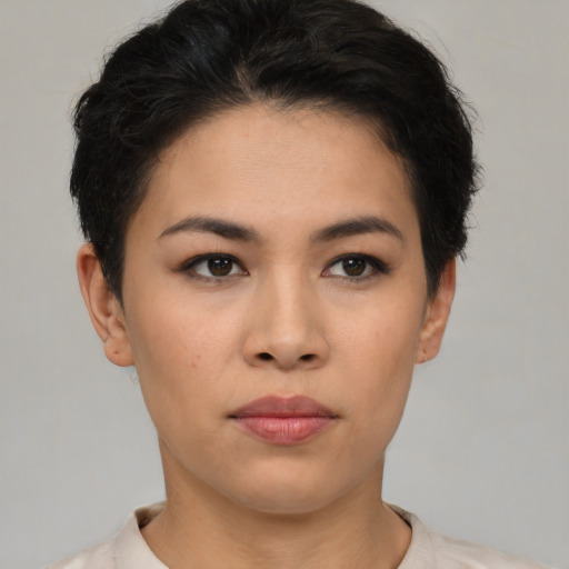 Neutral asian young-adult female with short  brown hair and brown eyes