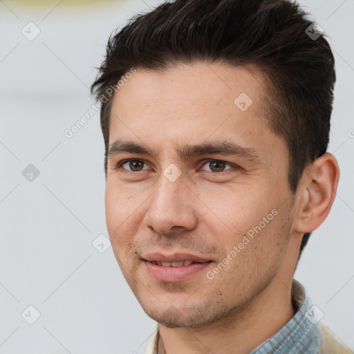 Joyful white young-adult male with short  brown hair and brown eyes