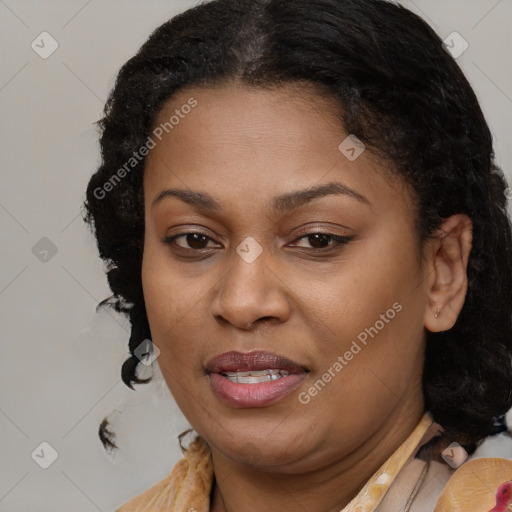 Joyful black young-adult female with long  brown hair and brown eyes