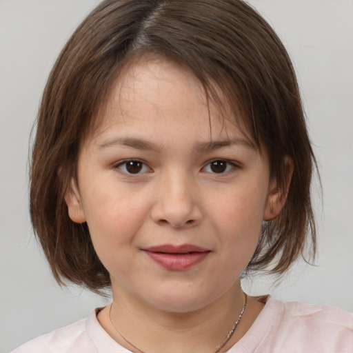 Joyful white child female with medium  brown hair and brown eyes