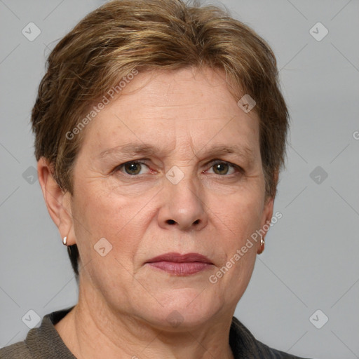 Joyful white middle-aged female with short  brown hair and grey eyes