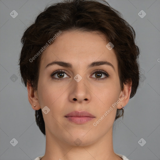 Neutral white young-adult female with short  brown hair and brown eyes